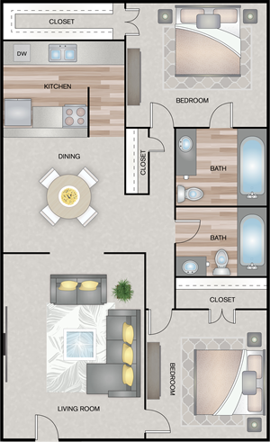 Two Bedroom / Two Bath- 1,040 Sq.Ft.*
